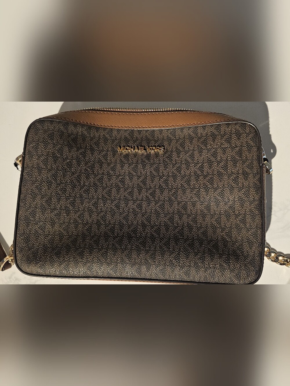 Michael Kors Brown Logo Camera Bag with Gold Hardware